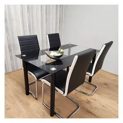 Dining Table Set of Black Clear Table and Faux Leather Padded Chairs