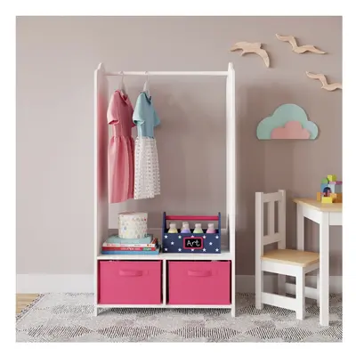 (Dark Pink) MDF Wooden Hanging Clothes Rail Wardrobe Storage