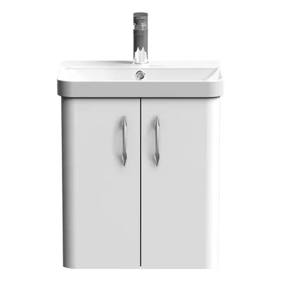 Curve Wall Hung Door Vanity Basin Unit - 500mm - Gloss White with Chrome D Shape Handles (Tap No