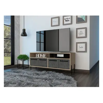 Wide Screen TV Unit Stand Rack with Grey Oak Effect Doors Black Metal Handles