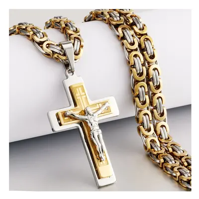 (Light Yellow Gold Color, 45cm) Religious Men Stainless Steel Crucifix Cross Pendant Necklace He