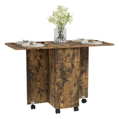 HOMCOM Folding Dining Table, Drop Leaf Table With Drawers Rustic Brown