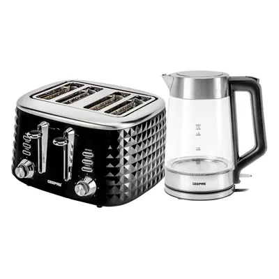 Geepas Kettle and Toaster set Illuminating Electric Glass Kettle Slice Bread Toaster Textured De