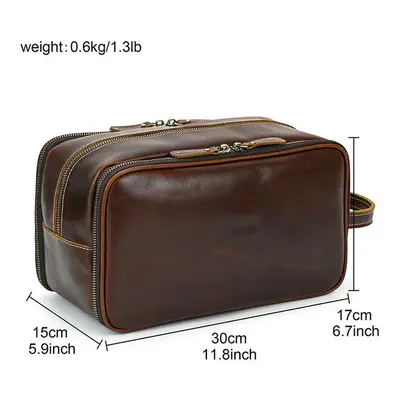 (Red Brown(30cm)) Genuine leather toiletry travel bag for men women black luxury style makeup ba