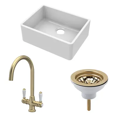 Fireclay Kitchen Bundle - Single Bowl Butler Sink, Strainer Waste & Mono Lever Handle Tap, 595mm