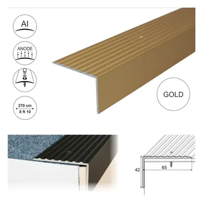 (2.7m, Gold) A32 x 42mm Anodised Aluminium Non Slip Ribbed Treads Stair Nosing Edge Trim