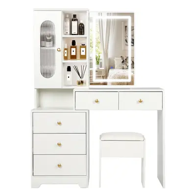 Dressing Table and Stool Set with Sliding LED Lights Mirror, Modern Vanity Table Makeup Desk wit