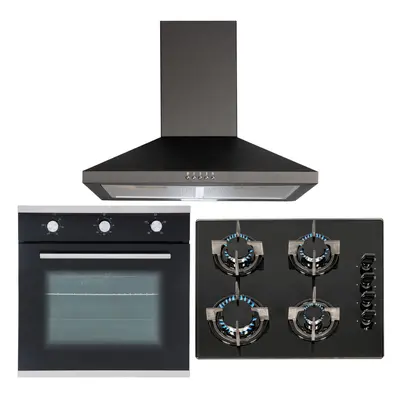 SIA 60cm Black Electric Single True Fan Oven, Burner Gas Hob And Cooker Hood