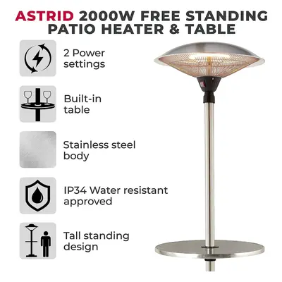 Tower T978521 Free Standing Patio Heater and Table, 2000W, Stainless Steel