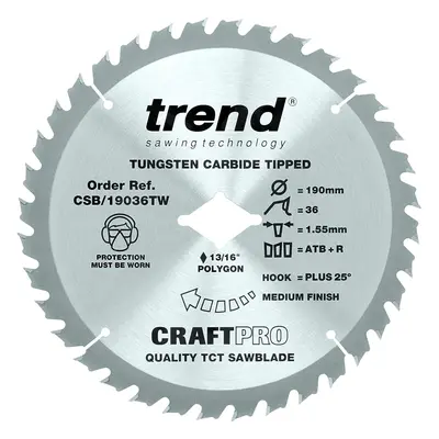 Trend CSB/19036TW Craft Pro Thin Kerf TCT Circular Saw Blade for Wormdrive, Tungsten Carbide Tip