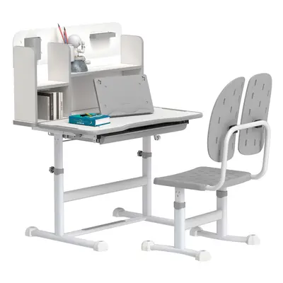 AIYAPLAY Kids Desk and Chair Set w/ Tiltable Desktop, Reading Rack, Grey