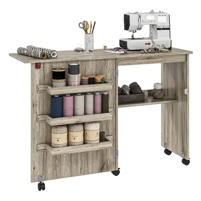 HOMCOM Folding Sewing Table Rolling Craft Table with Drop Leaf Wheels Grey