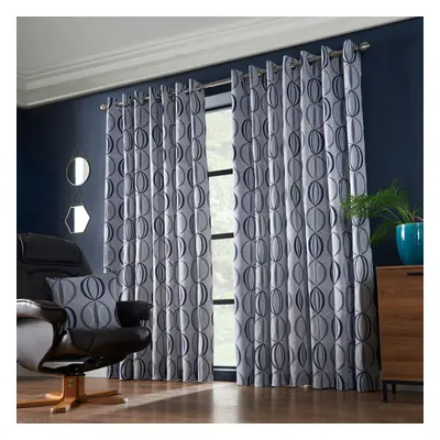 (Navy, x Inch) Alan Symonds Omega Woven Jacquard Eyelet Lined Curtains