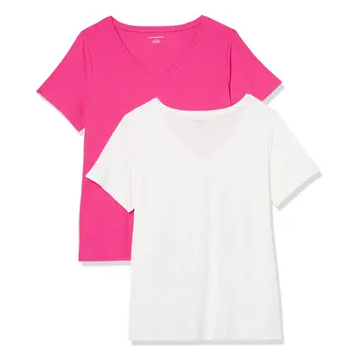 Women's Classic-Fit Short-Sleeve V-Neck T-Shirt, Pack of 2, White/Dark Pink, 5X