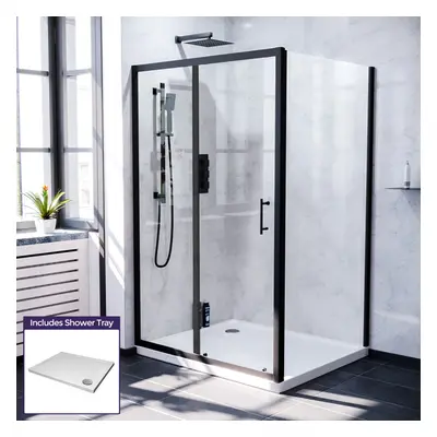 Nes Home Magna 1000mm Matt Black Framed Shower Sliding Door, 700mm Frameless Glass Side Panel Sc