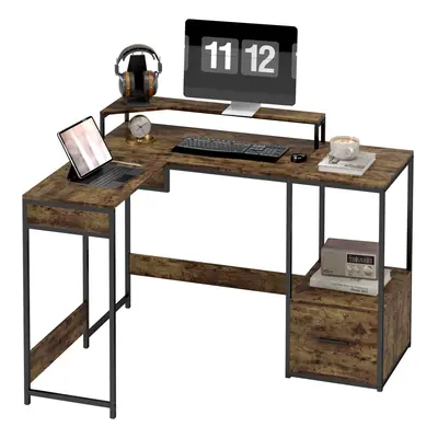 HOMCOM Shaped Desk, Computer Table with Liftable Desktop, Rustic Brown