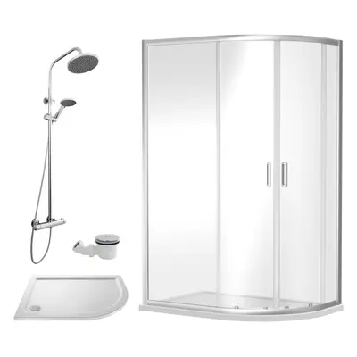 Ruwa Shower Enclosure Bundle - Offset Right Quadrant, Tray, Round Shower & Waste - White/Chrome 