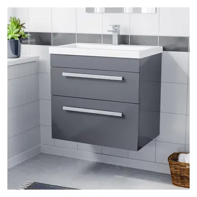 Nes Home 600mm Steel Grey Wall Hung Drawer Vanity Cabinet & Basin