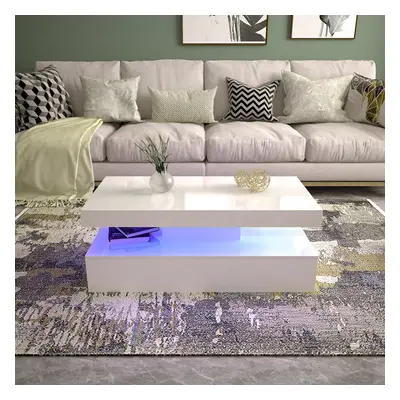 LED Coffee Table High Gloss White for Living Room RGB LED Lights Wood