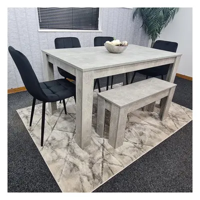 Grey Dining Table Black Tufted Velvet Chairs and Bench Dining Set