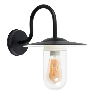 Modern IP44 Rated Black Metal Swan Neck Outdoor Lantern Wall Light with a Clear Glass Shade