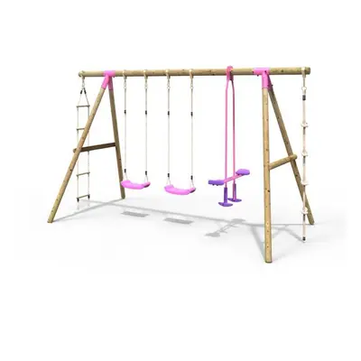 Rebo Wooden Garden Swing Set with Standard Seats, Glider, Climbing Rope and Ladder - Saturn Pink