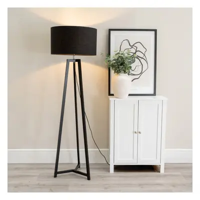 ValueLights Lottie Black Shade Black Wood Tripod Floor Lamp & LED Bulb