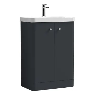 Floor Standing Door Bathroom Vanity Unit with Ceramic Basin - 600mm - Soft Black