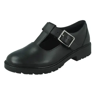 (Black, UK 3.5 Child) Girls Clarks T-Bar School Shoes Loxham Shine