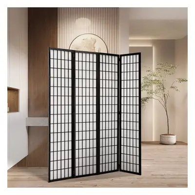 (Black) 4-Panel Solid Wood Folding Room Divider Screen