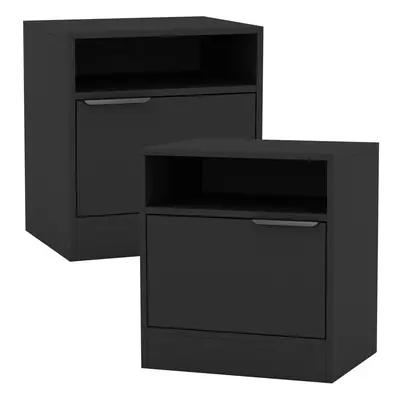 (Black, 2) 1-Door Bedside Table Cabinet Nightstand Storage Shelf Unit Bedroom Furniture