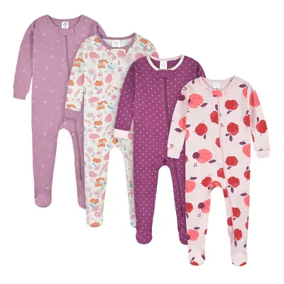 gerber Baby girls 4-Pack Footed Pajamas Apple and Woodland Floral Months