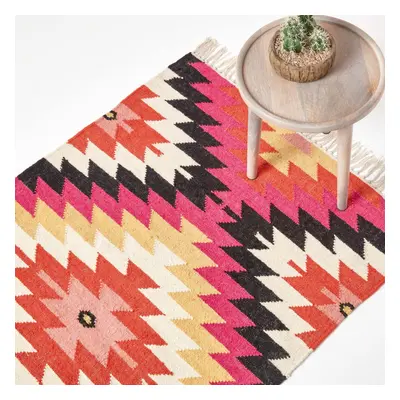 (160 x cm) Jakarta Handwoven Pink, Orange and Yellow Multi Coloured Geometric Pattern KIlim Wool