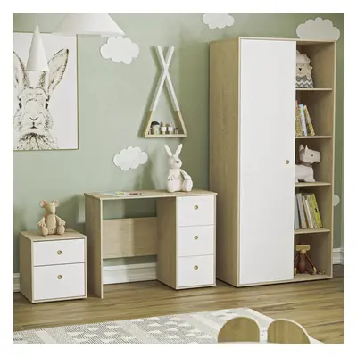 (White & Oak) Neptune Piece Bedroom Set Bedside Desk Wardrobe