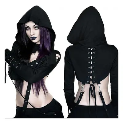 TOMETO STAR Women Gothic Punk Hoodies Bandage Crop Tops Lace Up Long