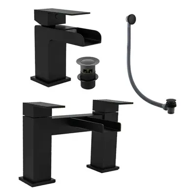 Matt Black Waterfall Bath Filler & Basin Mixer Tap Inc Wastes