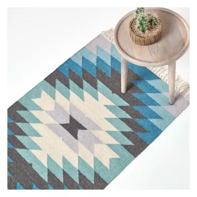 (66 x cm) Helsinki Handwoven Geometric Pattern Blue Grey and Cream Kilim Wool Rug