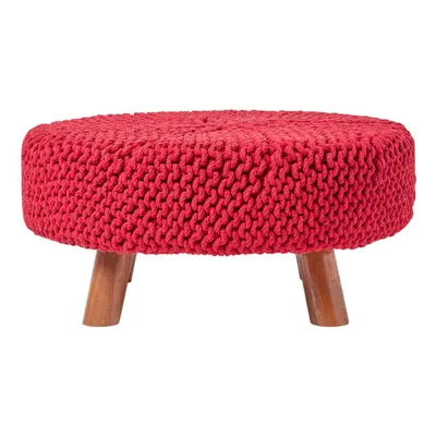 (Red) Knitted Cotton Footstool with Wooden Legs Large x x cm