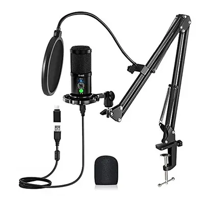 USB Microphone Kit 192KHZ/24BIT, Aveek Podcast PC Microphone with Mute, Headset Monitoring & Noi