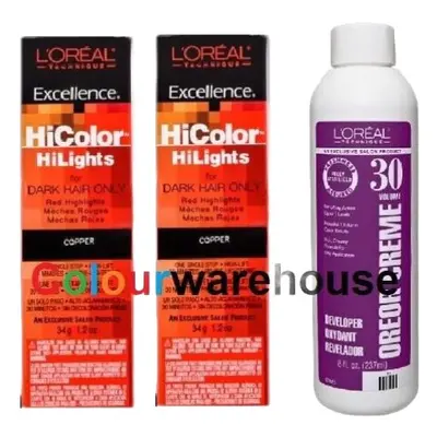 (Copper (2x), Dev (Vol. 30) 8oz) L'Oreal HiColor Copper HiLights For Dark Hair Only