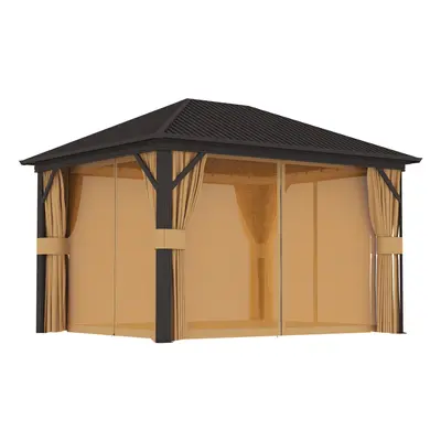 Outsunny 3.6 x 3(m) Metal Garden Hardtop Gazebo with Screened Curtain Brown