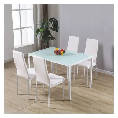 (White) WestWood Modern Style Kitchen Home Glass Top Dining Table Set 5PCS Faux Leather ChairsDS