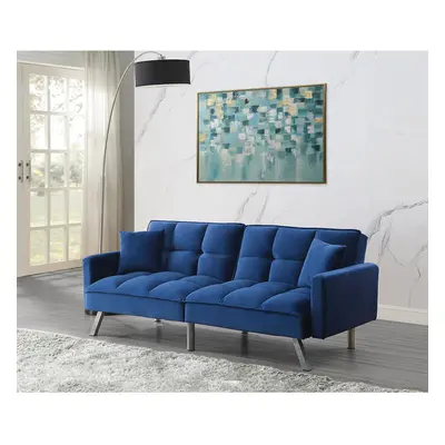 Sofa Bed Seater Blue Velvet Click Clack Sofa Settee Recliner Couch with Metal Legs Pillows