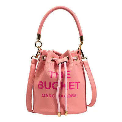 (Pink) Bucket Handbag Women Leather Drawstring Shoulder Crossbody Bag Daily Travel Gift