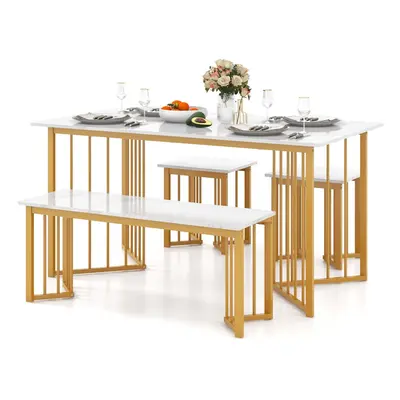 4 Piece Dining Table Set Rectangular Kitchen Table with Bench & Stools