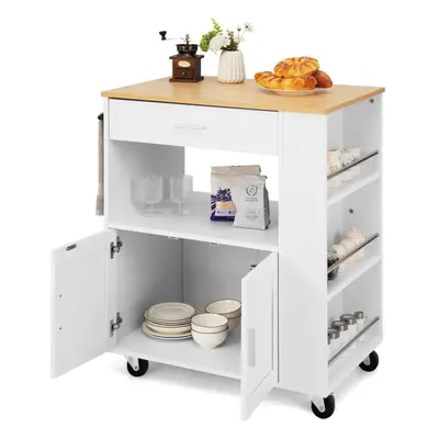 Rolling Kitchen Serving Trolley w/3 Spice Racks & 2-Door Large Cabinet