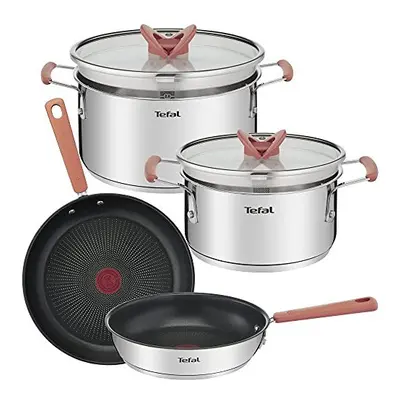 Tefal G720S604 Set of 6p Optispace Frying Pan, cm and cm, cm Saucepan cm + Lid, Stainless Steel