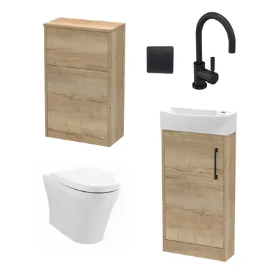 Cloakroom Suite - Left Hand 440mm Vanity, WC Unit, Toilet and Tap - Oak/Black