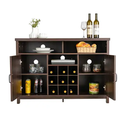 Buffet Storage Cabinet Farmhouse Sideboard w/9-Bottle Wine Rack-Brown