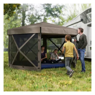 Outsunny x 3(m) Hexagon Pop Up Gazebo with Sides, Netting, Brown